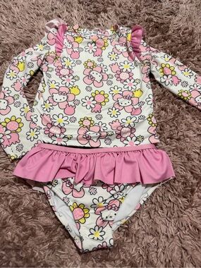 Hello Kitty White Pink Floral Ruffle Rashguard Swim Set
